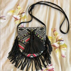Fringed Black and Red Patterned Women's Bag